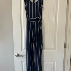 Elegant Navy Striped Jumpsuit with Belt